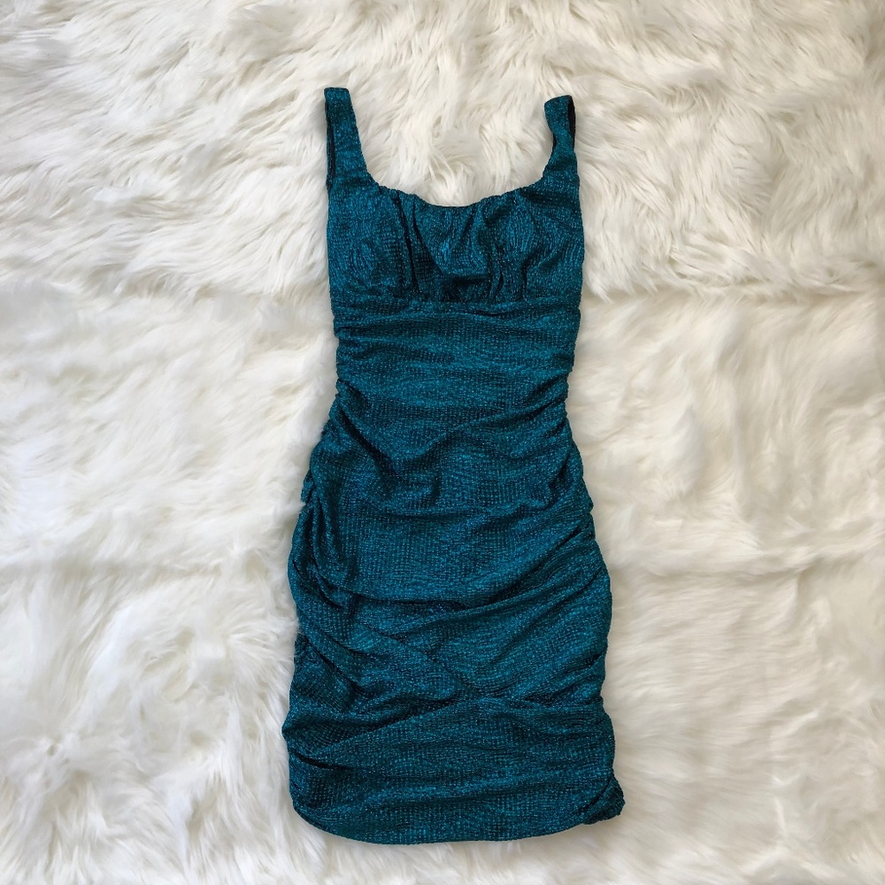 Teal Glitter Cut Out Back Dress